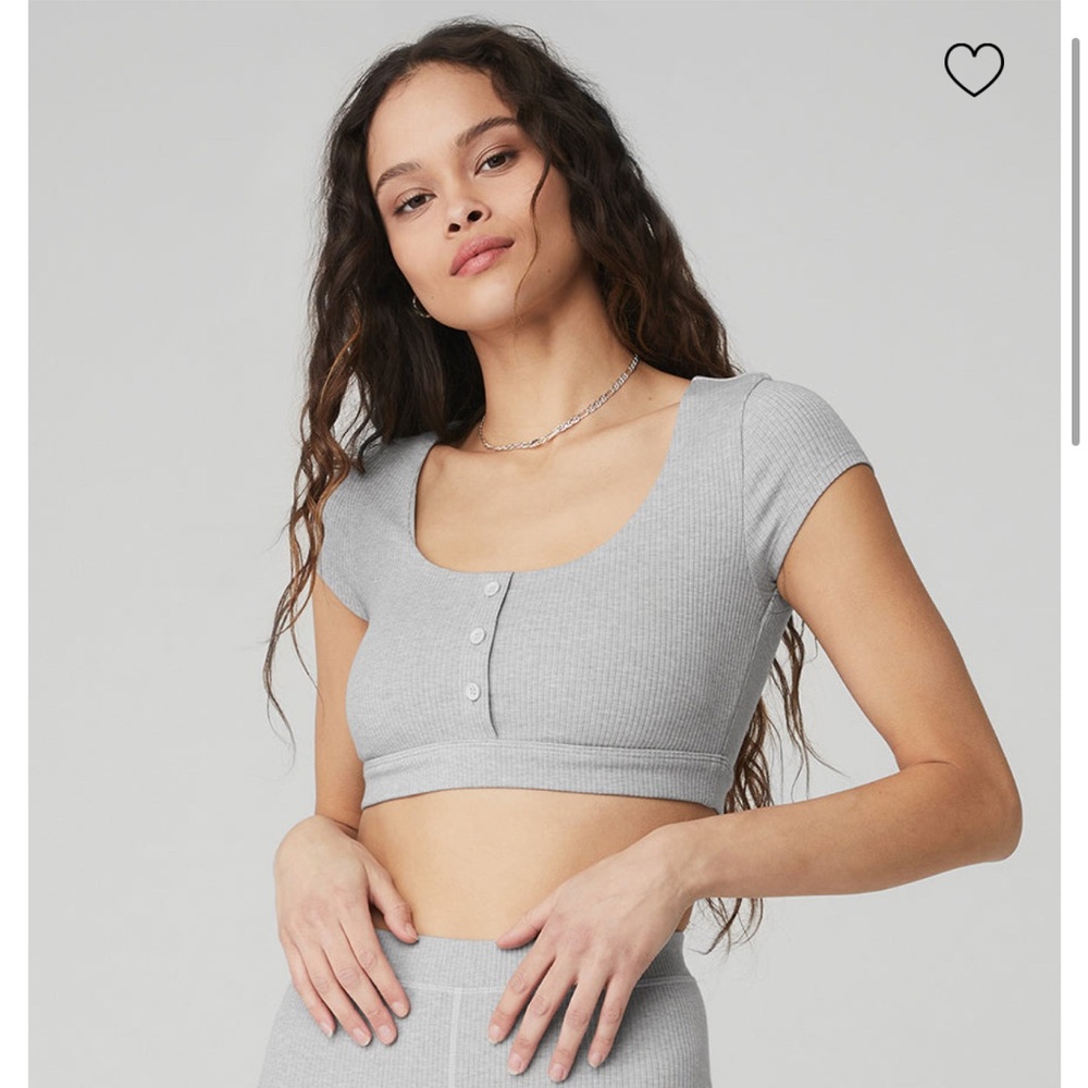 ALO Yoga Blissful Henley Bra Gray Ribbed Crop Top